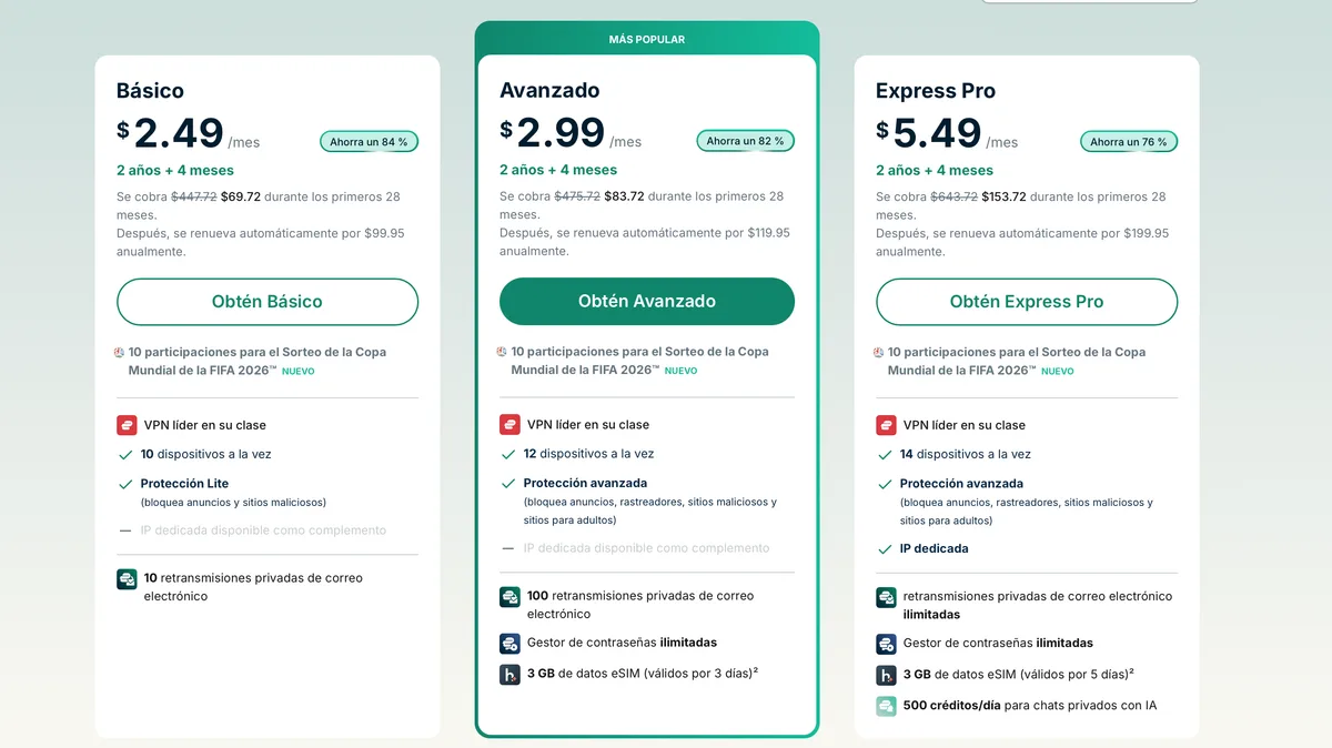 Captura de pantalla de los planes de precios de ExpressVPN en español con tres opciones: Básico a $2,49/mes, Avanzado a $2,99/mes y Express Pro a $5,49/mes.