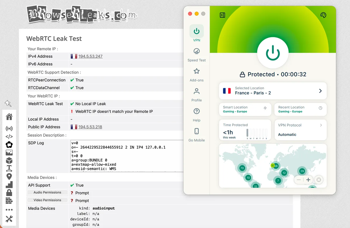Capture d'écran du test de fuite WebRTC sur BrowserLeaks.com avec ExpressVPN connecté au serveur France – Paris - 2.