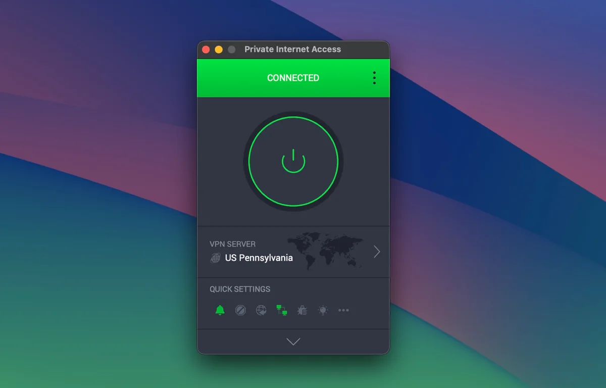 Private Internet Access desktop app connected to a US Pennsylvania server with the green CONNECTED status