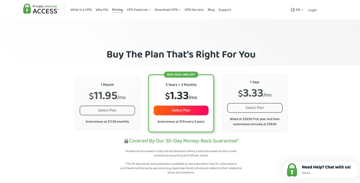 Private Internet Access pricing table with the 1 month, 3 years + 3 months, and 1 year plans in US dollars