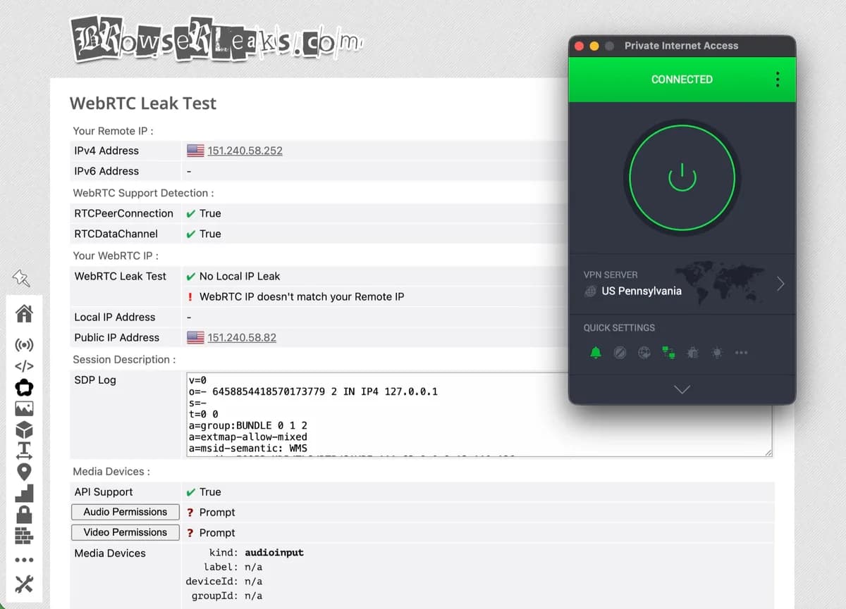 WebRTC leak test on BrowserLeaks with Private Internet Access connected to US Pennsylvania showing no local IP leak
