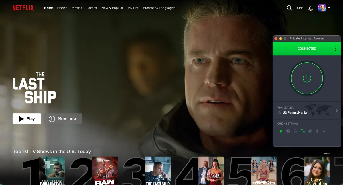 Netflix streaming with Private Internet Access connected to a US Pennsylvania server
