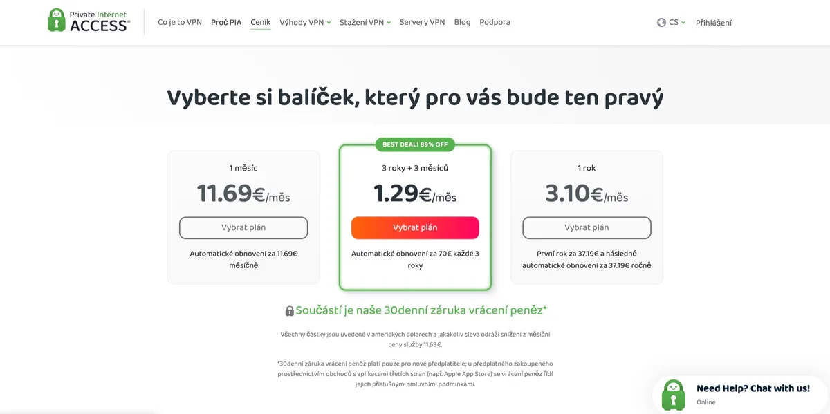 Ceník Private Internet Access s plány na 1 měsíc, 3 roky + 3 měsíce a 1 rok v eurech