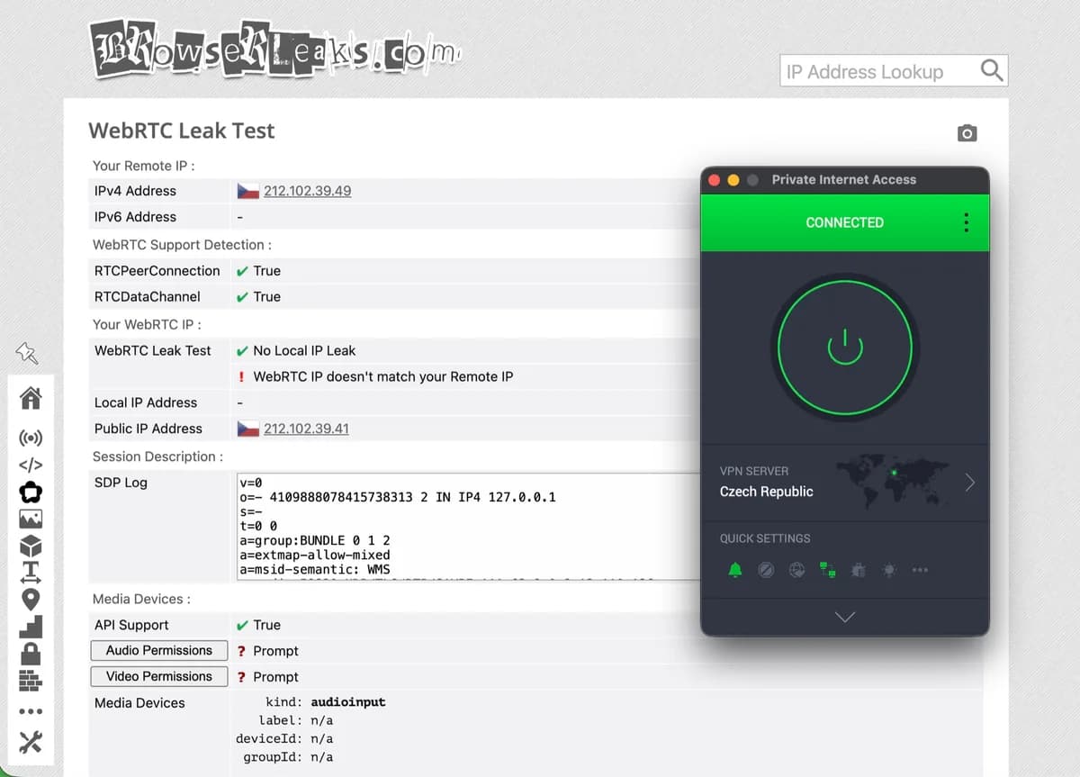 Test úniku WebRTC na BrowserLeaks s Private Internet Access připojenou k České republice bez úniku lokální IP