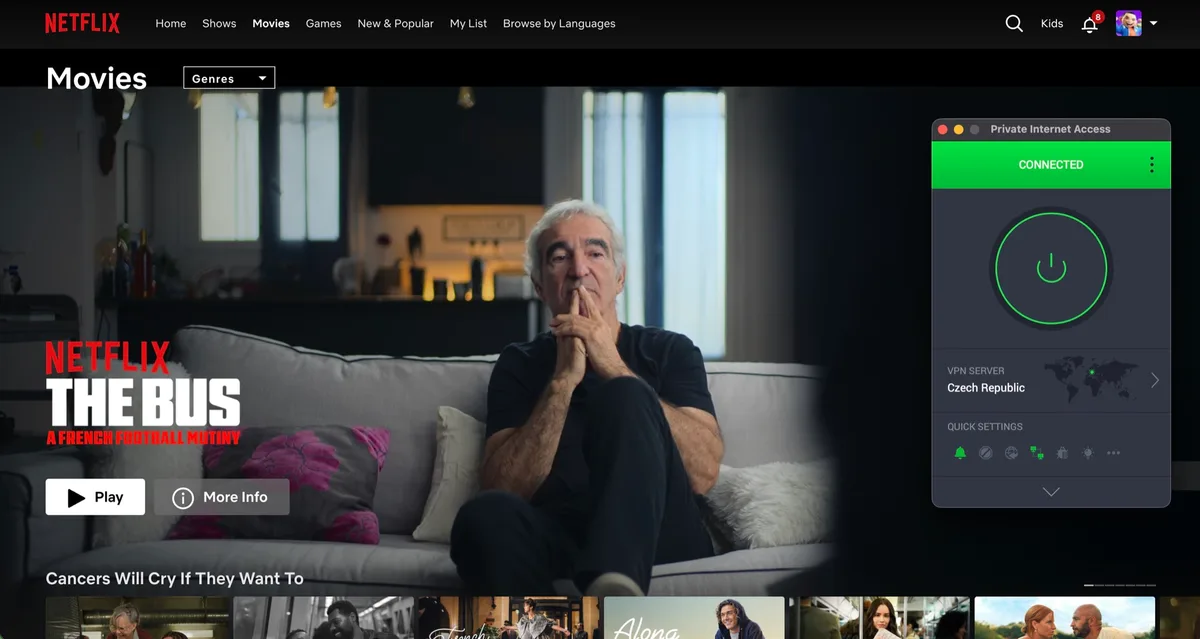 Netflix přehrávaný s Private Internet Access připojenou k serveru v České republice