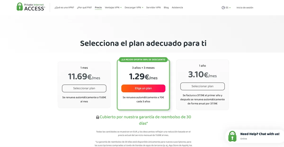 Tabla de precios de Private Internet Access con los planes de 1 mes, 3 años + 3 meses y 1 año en euros