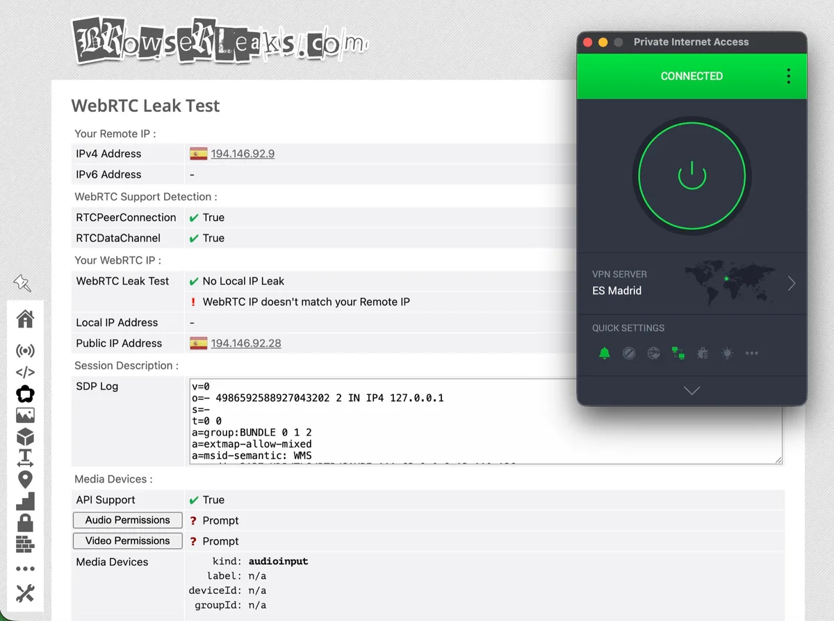 Prueba de fugas WebRTC en BrowserLeaks con Private Internet Access conectada a Madrid sin fuga de IP local