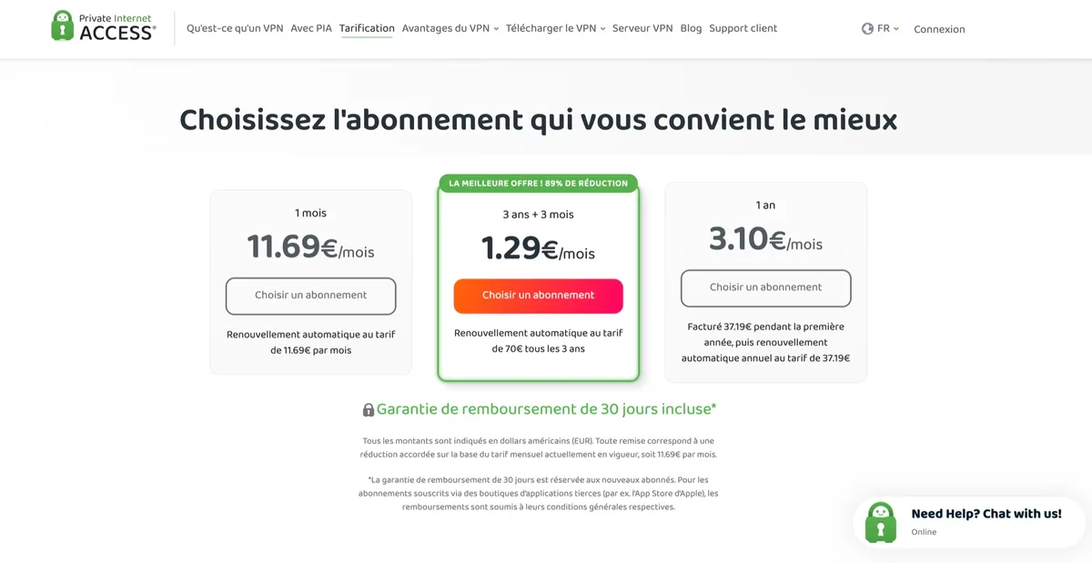 Grille tarifaire de Private Internet Access avec les abonnements 1 mois, 3 ans + 3 mois et 1 an en euros