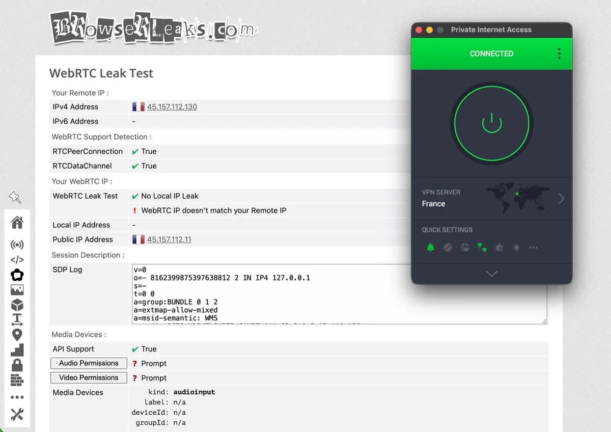 Test de fuite WebRTC sur BrowserLeaks avec Private Internet Access connecté à la France sans fuite d'IP locale
