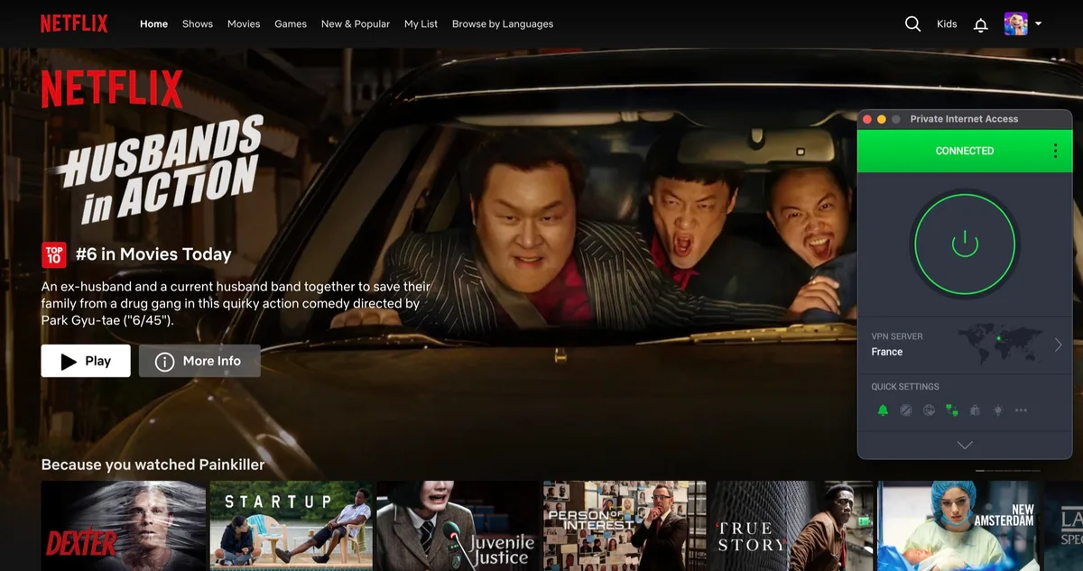 Netflix en lecture avec Private Internet Access connecté à un serveur en France