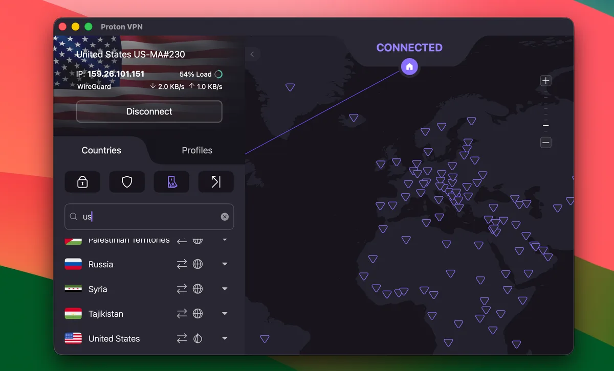 ProtonVPN Mac app connected to a United States server (US-MA#230) over WireGuard