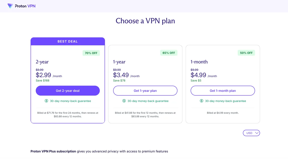 Proton VPN Plus pricing: 2-year, 1-year, and 1-month plans with current prices in USD