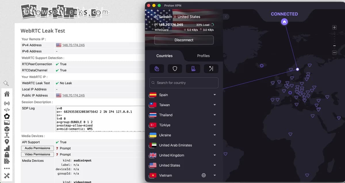 ProtonVPN WebRTC leak test: connected over WireGuard to a US server, the result is No Leak and the real IP address stays hidden