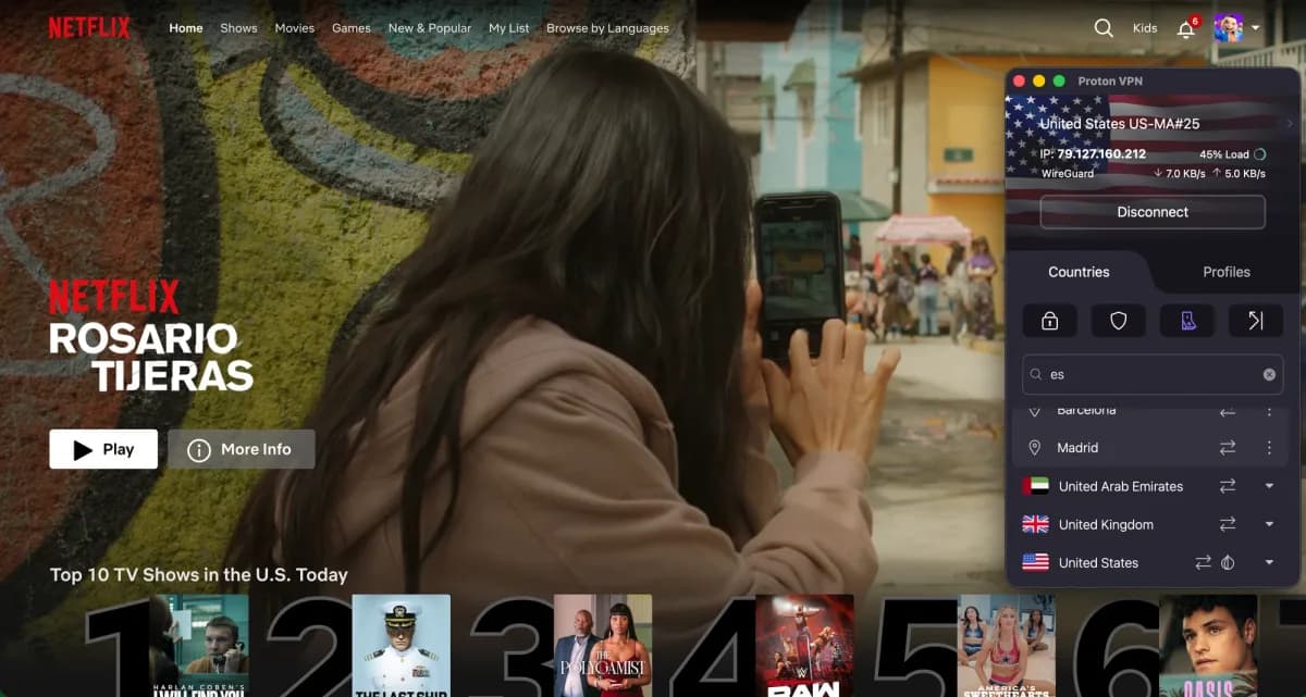 Netflix in the browser with ProtonVPN connected to a United States server (US-MA#25)
