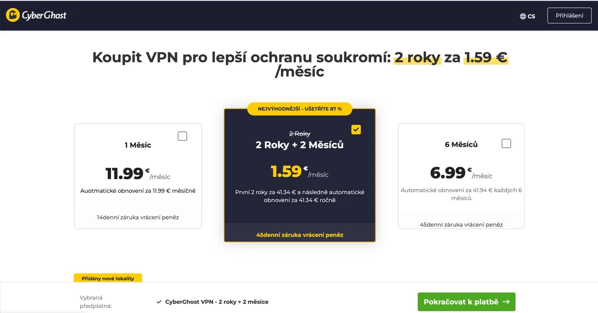 Ceník předplatného CyberGhost VPN v češtině s nejvýhodnějším dvouletým tarifem