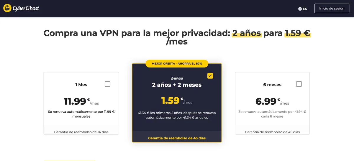 Planes de precios de la suscripción de CyberGhost VPN en español con la mejor oferta de dos años