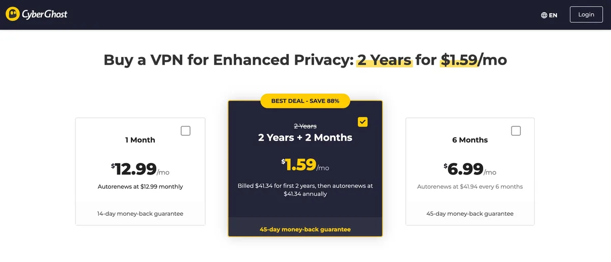 CyberGhost VPN subscription pricing plans in English with the best two-year deal