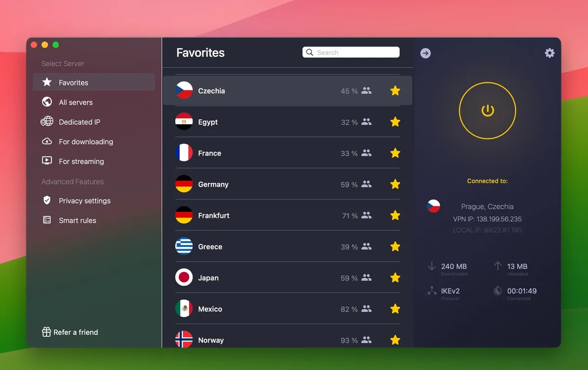 Favorites server list in the CyberGhost VPN app for quick one-click connection
