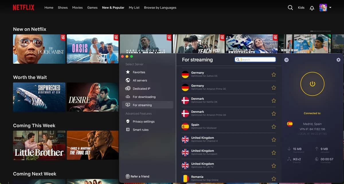 Netflix desbloqueado con CyberGhost VPN conectado a un servidor para streaming