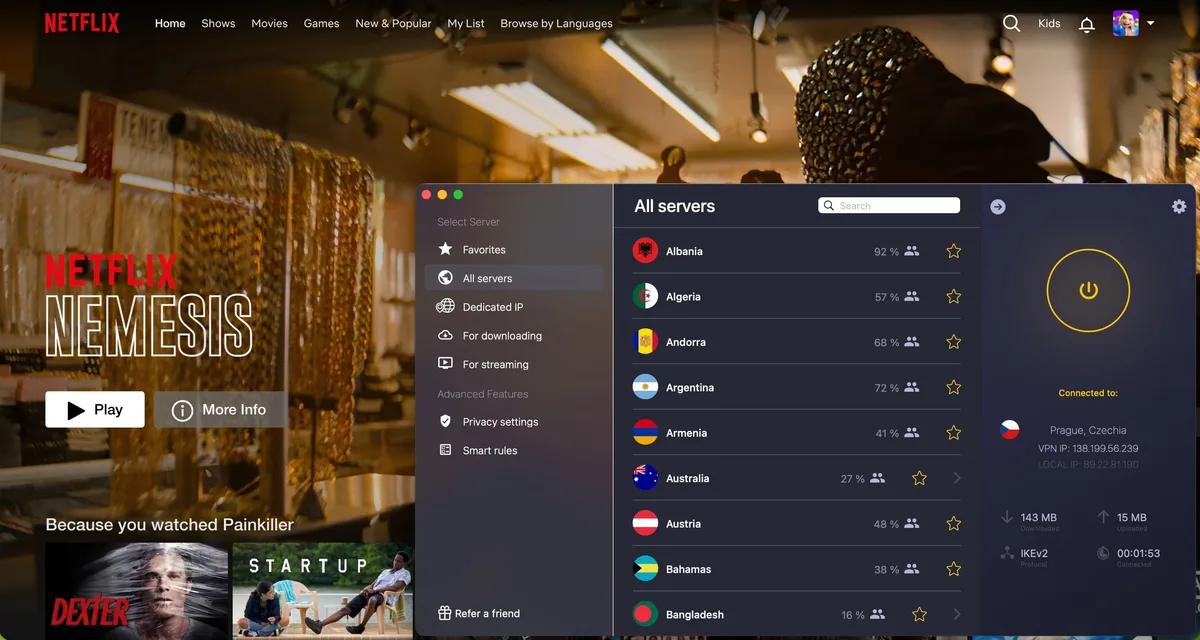 Odblokovaný Netflix přes CyberGhost VPN připojený k českému serveru