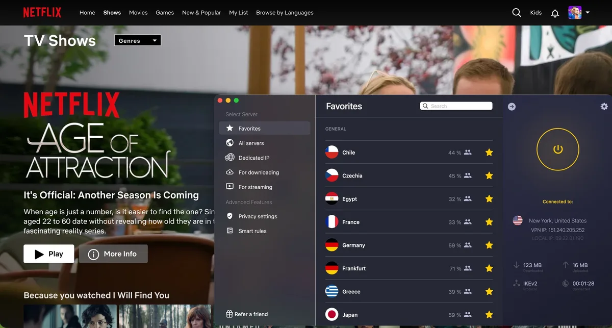 Netflix unblocked with CyberGhost VPN connected to a streaming-ready server
