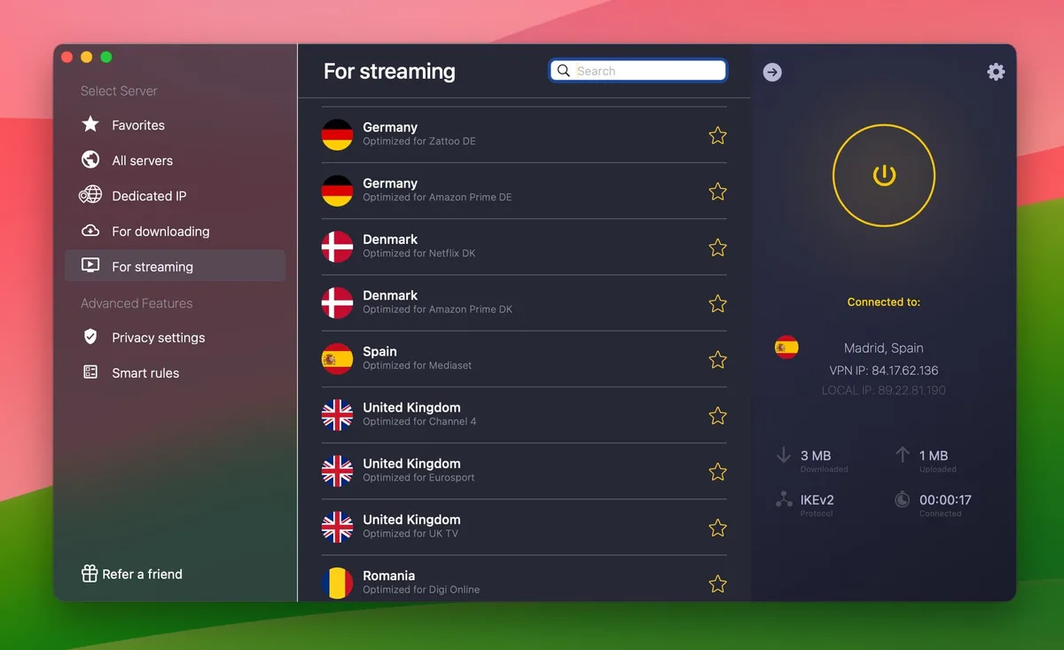 Lista de servidores optimizados para streaming en la aplicación de CyberGhost VPN