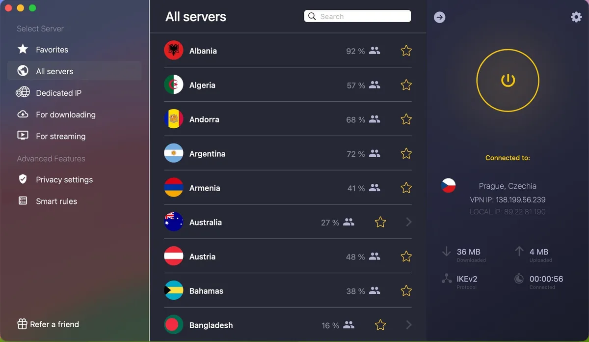 Seznam serverů v aplikaci CyberGhost VPN s připojením k serveru v Praze