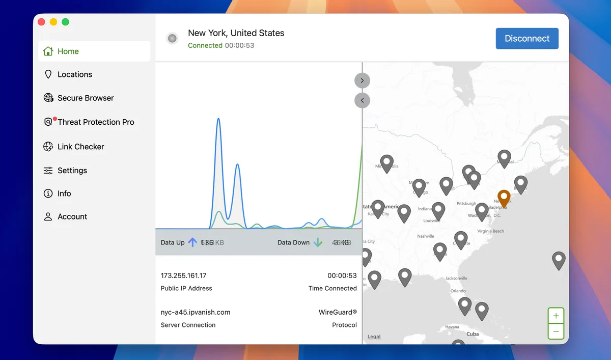 IPVanish Mac app connected to New York in the United States over WireGuard