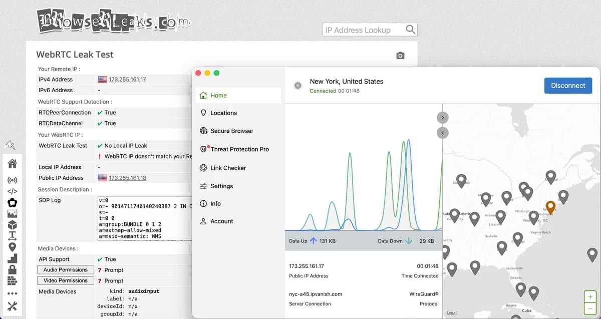 WebRTC leak test on BrowserLeaks with IPVanish: no local IP leak, US IP address