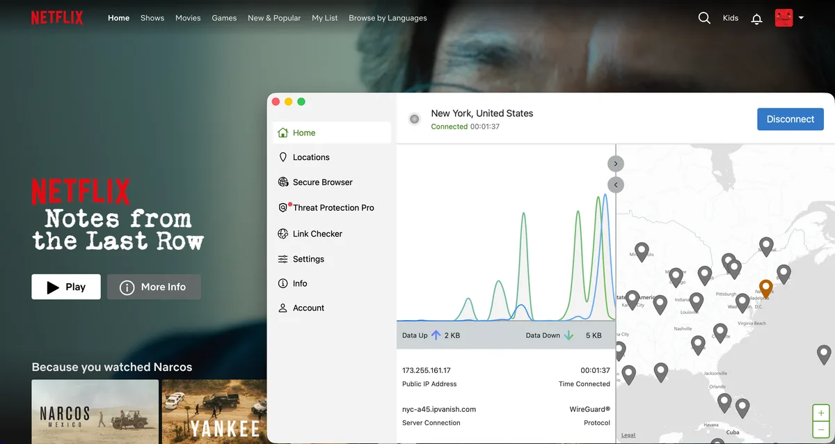 Netflix in the browser streaming with IPVanish connected to a server in New York, United States