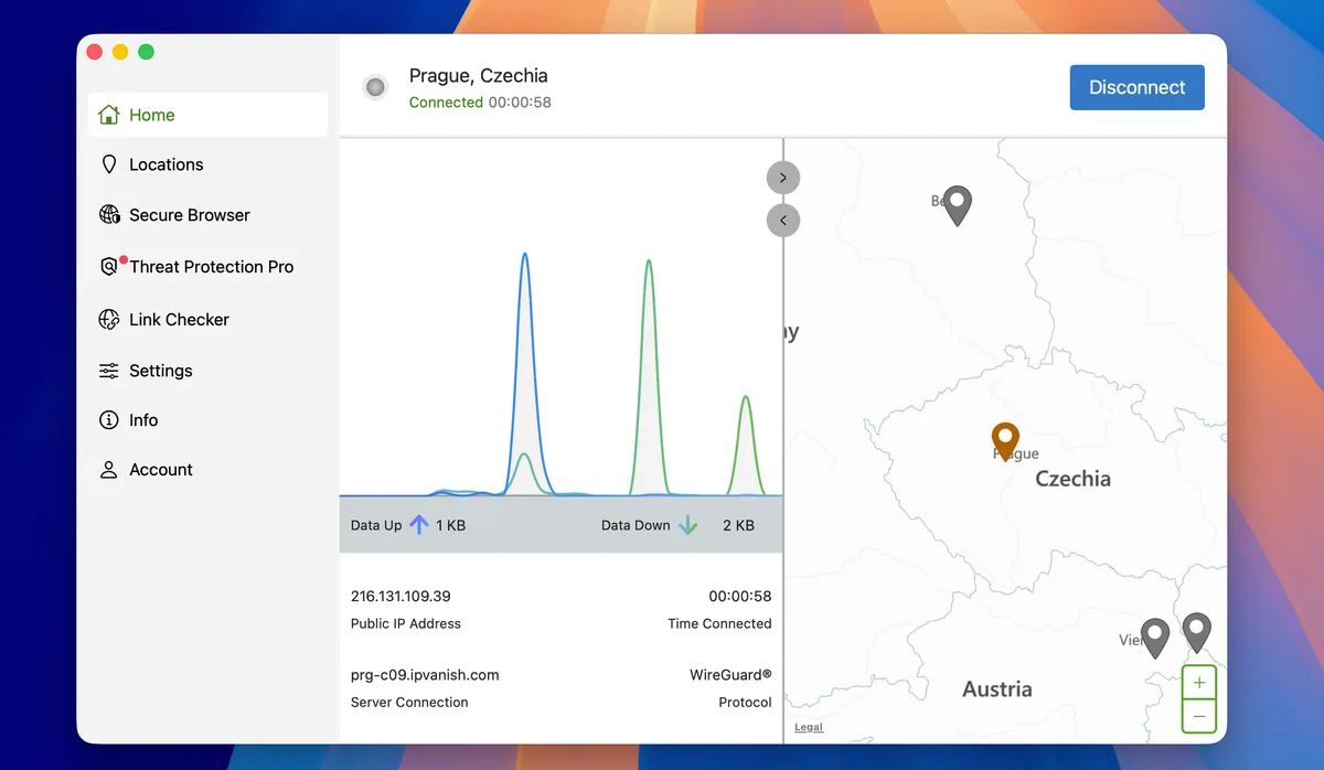 Aplikace IPVanish pro Mac připojená k Praze v Česku přes WireGuard