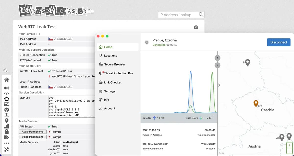 Test úniku WebRTC na BrowserLeaks s IPVanish: žádný únik lokální IP adresy