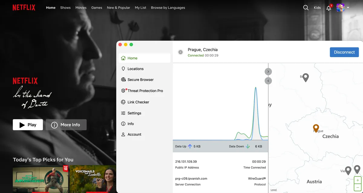 Netflix v prohlížeči streamuje s IPVanish připojeným k serveru v Praze