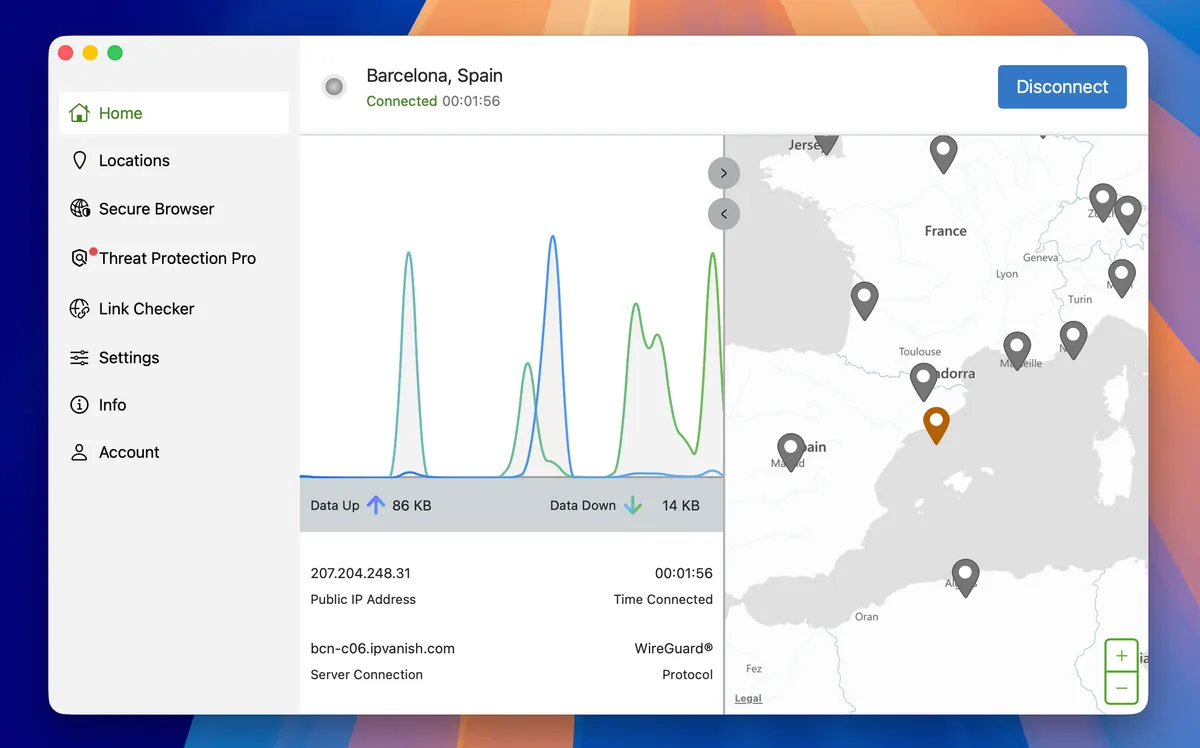App de IPVanish para Mac conectada a Barcelona, España, mediante WireGuard