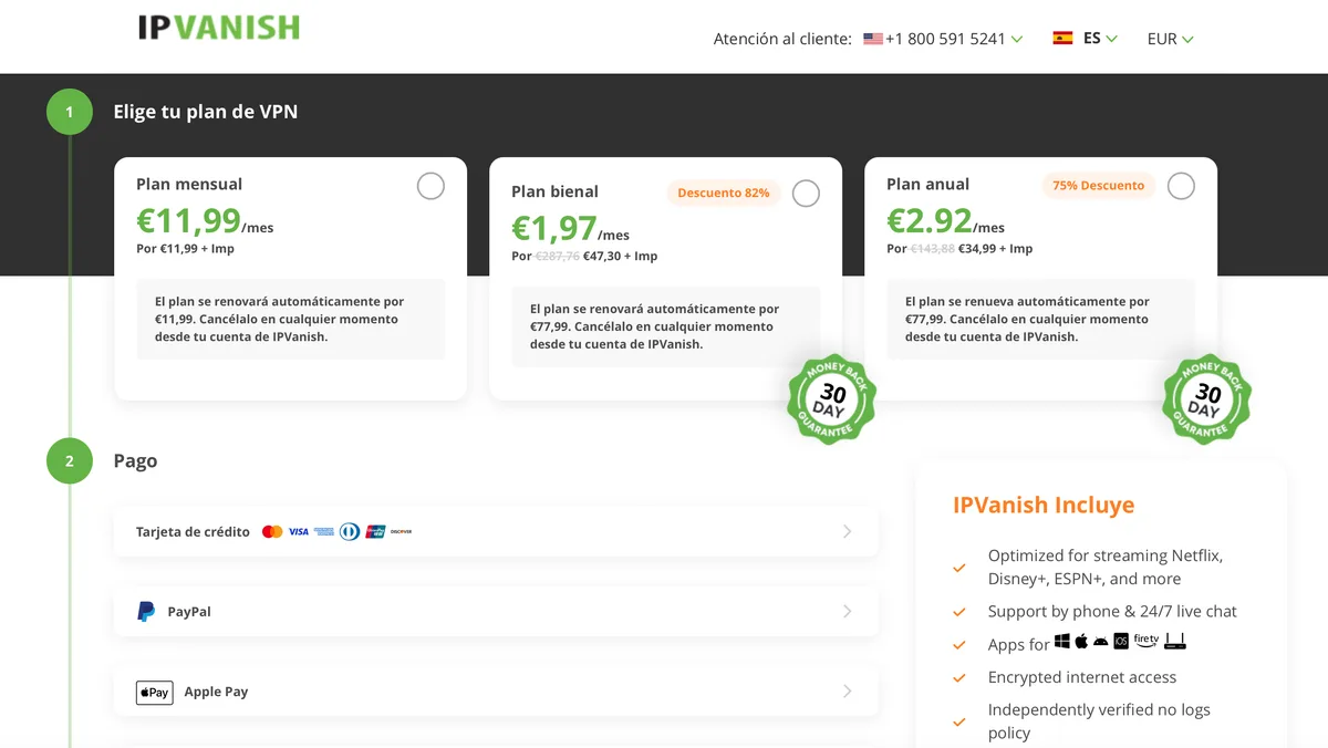 Precios de IPVanish en euros: planes mensual, anual y bienal