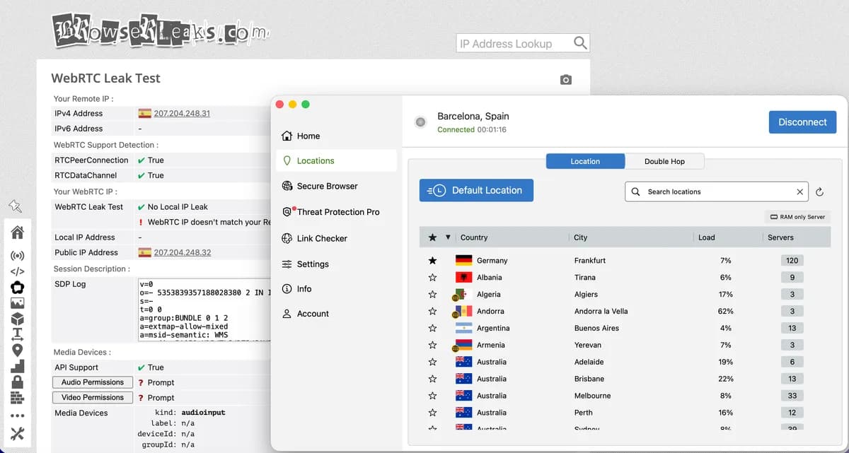 Prueba de fuga WebRTC en BrowserLeaks con IPVanish: sin fuga de IP local, dirección IP española