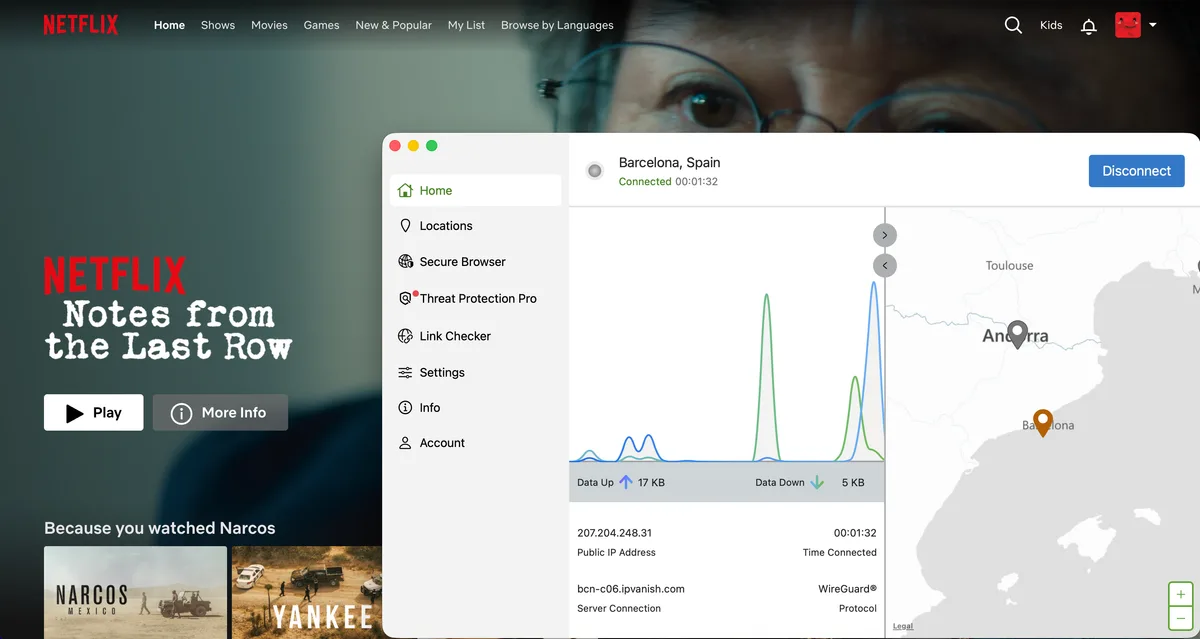 Netflix en el navegador reproduciéndose con IPVanish conectado a un servidor en Barcelona, España