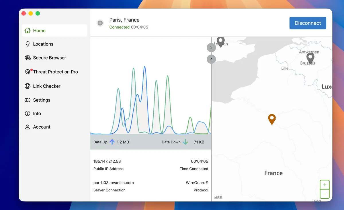 Application IPVanish pour Mac connectée à Paris, en France, via WireGuard