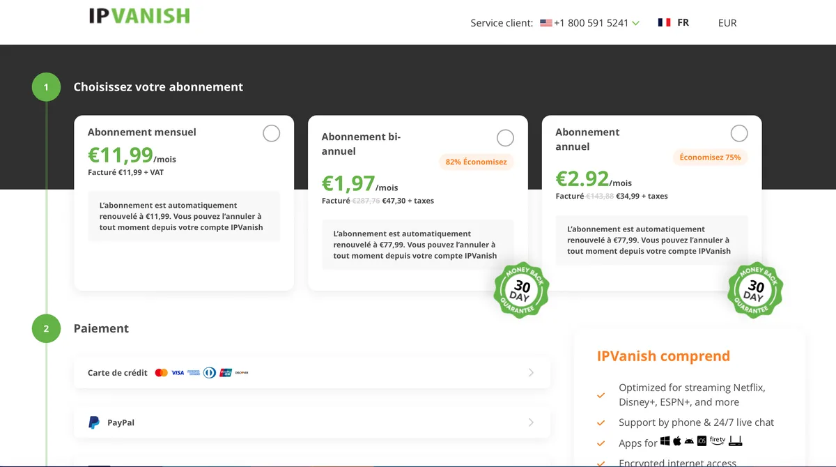 Tarifs IPVanish en euros : forfaits mensuel, annuel et biennal