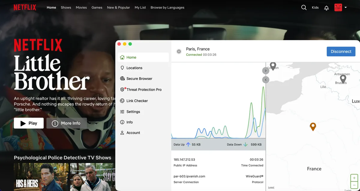 Netflix dans le navigateur en streaming avec IPVanish connecté à un serveur à Paris, en France