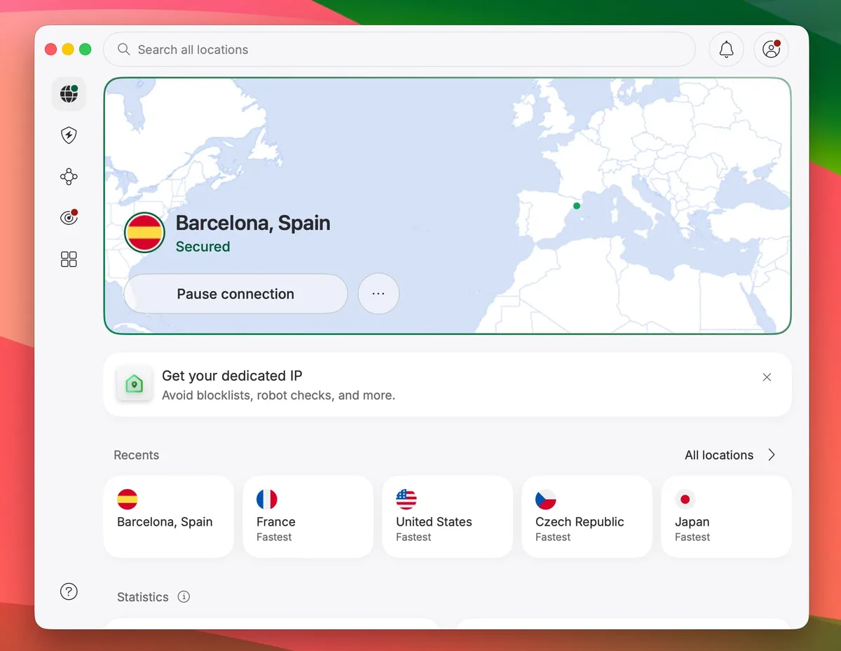 NordVPN conectado a Barcelona, España – conexión VPN segura en aplicación de escritorio