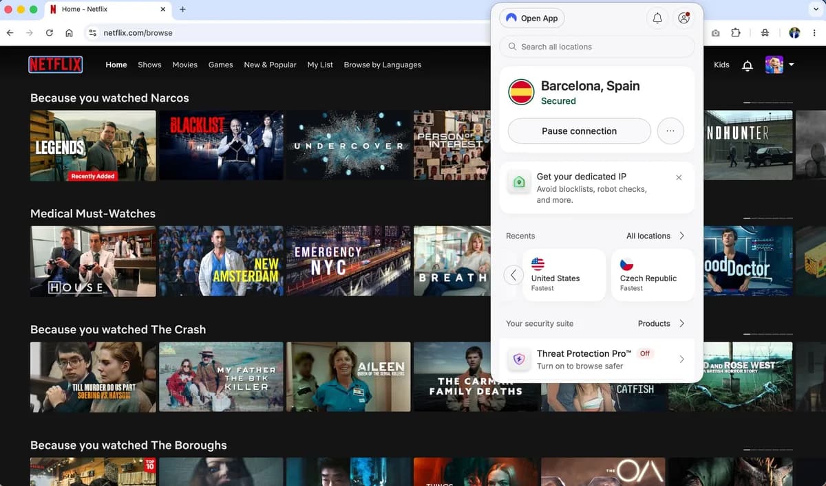 NordVPN conectado a Barcelona, España – conexión segura en Netflix