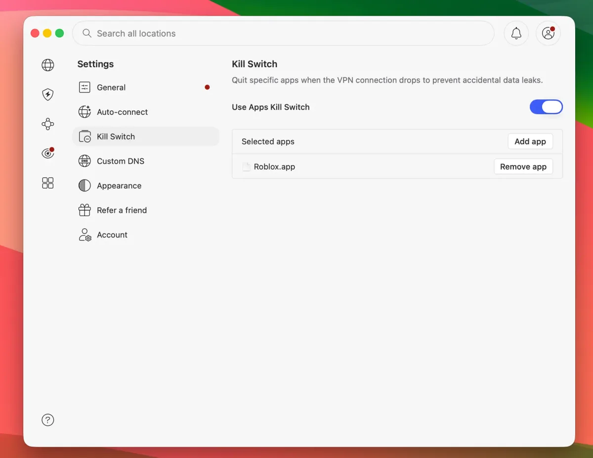 NordVPN configuración Kill Switch – Apps Kill Switch activado y Roblox añadido como aplicación seleccionada