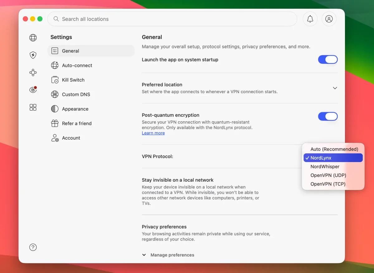 NordVPN Configuración general – protocolo NordLynx seleccionado y cifrado post-cuántico activado