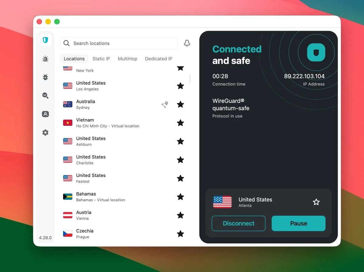 Surfshark VPN conectada e segura: servidor de Atlanta, nos EUA, IP 89.222.103.104, protocolo WireGuard quantum-safe