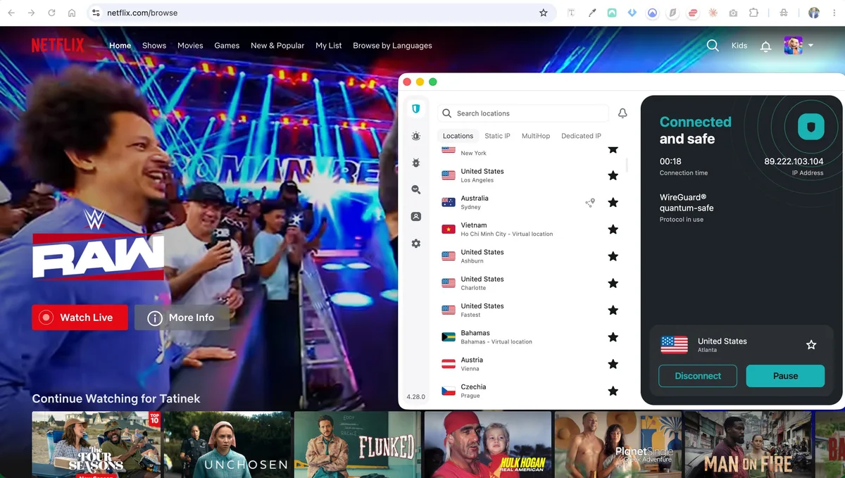 Página inicial da Netflix dos EUA com a Surfshark VPN conectada por um servidor de Atlanta, IP 89.222.103.104, protocolo WireGuard quantum-safe ativo