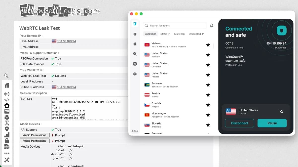 Resultado do teste de vazamento de WebRTC sem vazamento detectado, IP público 154.16.169.94 em Latham, nos EUA, com a Surfshark VPN ativa