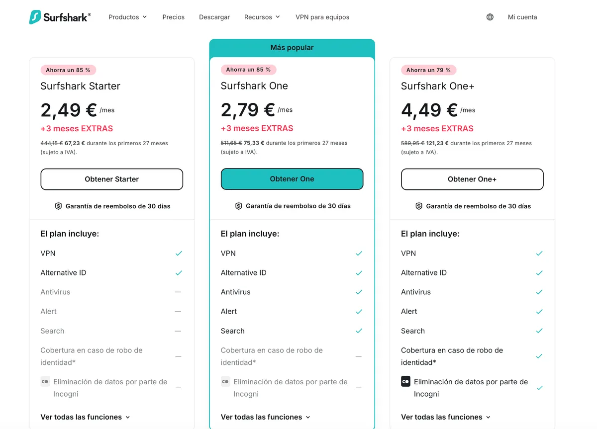 Comparativa de precios y planes de Surfshark VPN — Starter 2,49 €, One 2,79 €, One+ 4,49 € al mes con 85% de descuento y 3 meses extra gratis