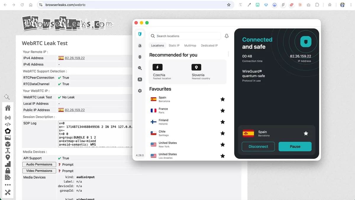 Prueba de fugas WebRTC — sin fugas detectadas, dirección IP pública 82.26.159.22 España Barcelona, Surfshark VPN activo