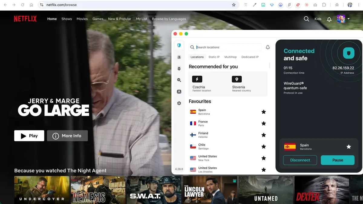 Netflix España con Surfshark VPN conectado a servidor Barcelona — IP 82.26.159.22, protocolo WireGuard quantum-safe activo